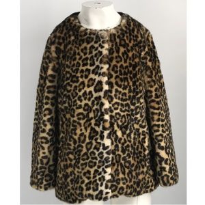 Stand womens brown leopard print black back faux fur snap up jacket sz S/M